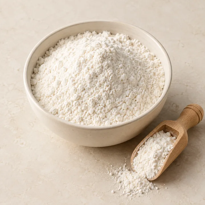 Harina gluten free en un cuenco y una cuchara de madera